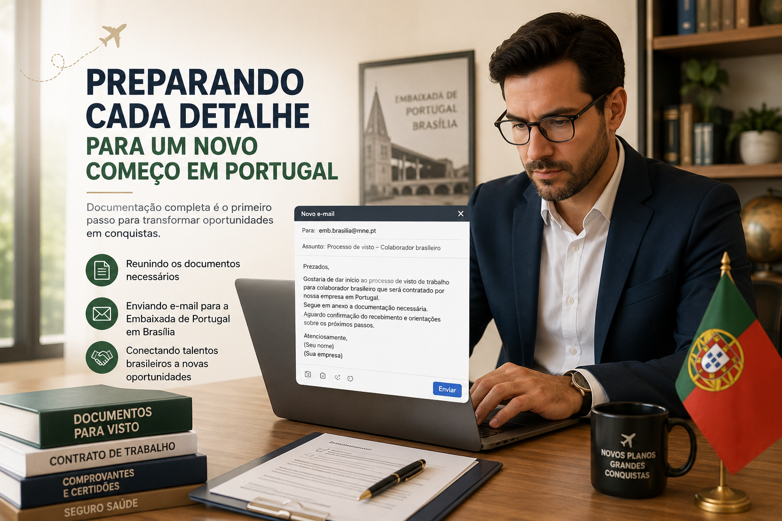 Segundo as instruções analisadas, a empresa deve encaminhar a solicitação pelo canal indicado pela Embaixada e apresentar as informações exigidas para os trabalhadores envolvidos.